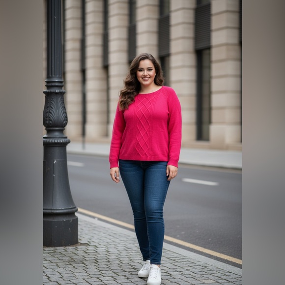 DAVI & DANI Sweaters - DAVI & DANI OVERSIZED Vibrant cable knit Pink Crew Neck Sweater